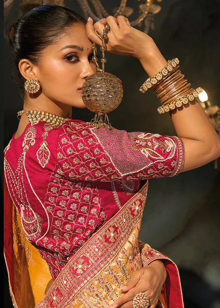Mustard Yellow and Red Embroidered Saree
