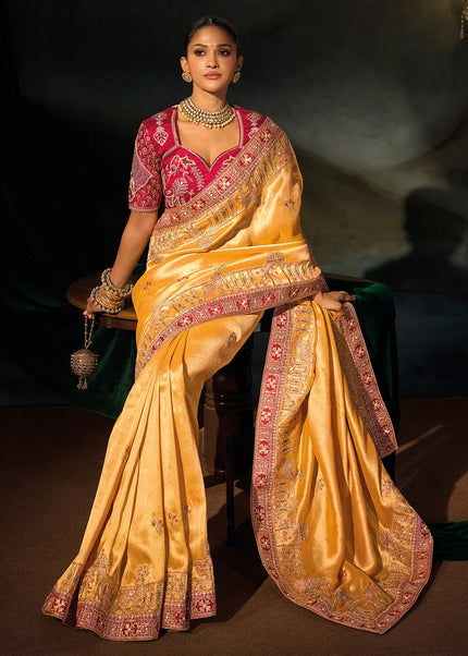 Mustard Yellow and Red Embroidered Saree