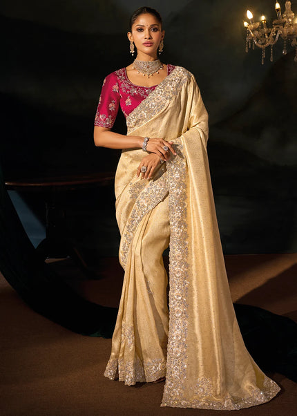 Cream and Red Embroidered Saree