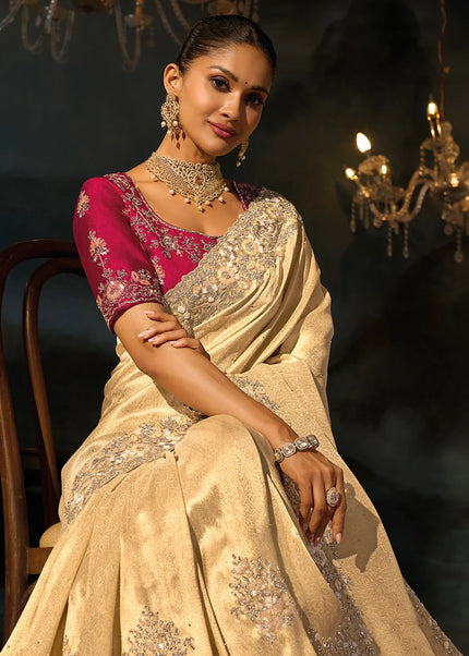 Cream and Red Embroidered Saree
