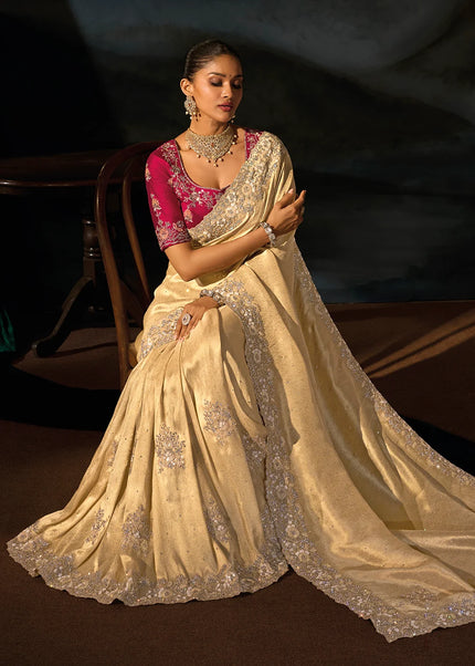 Cream and Red Embroidered Saree