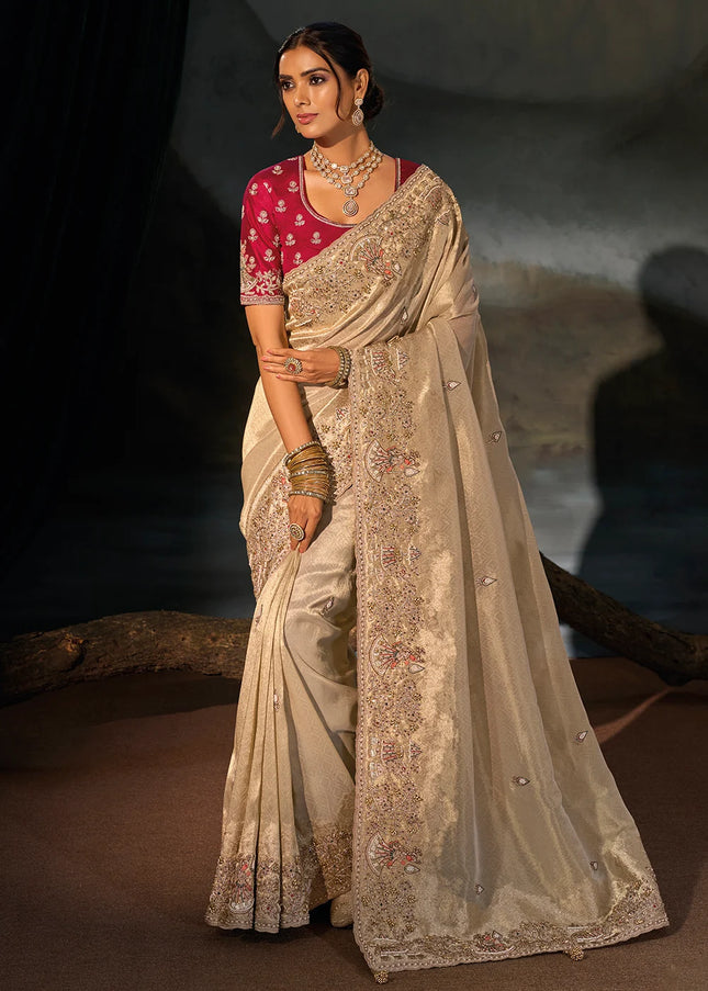 Beige and Red Embroidered Saree
