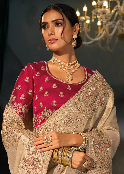 Beige and Red Embroidered Saree