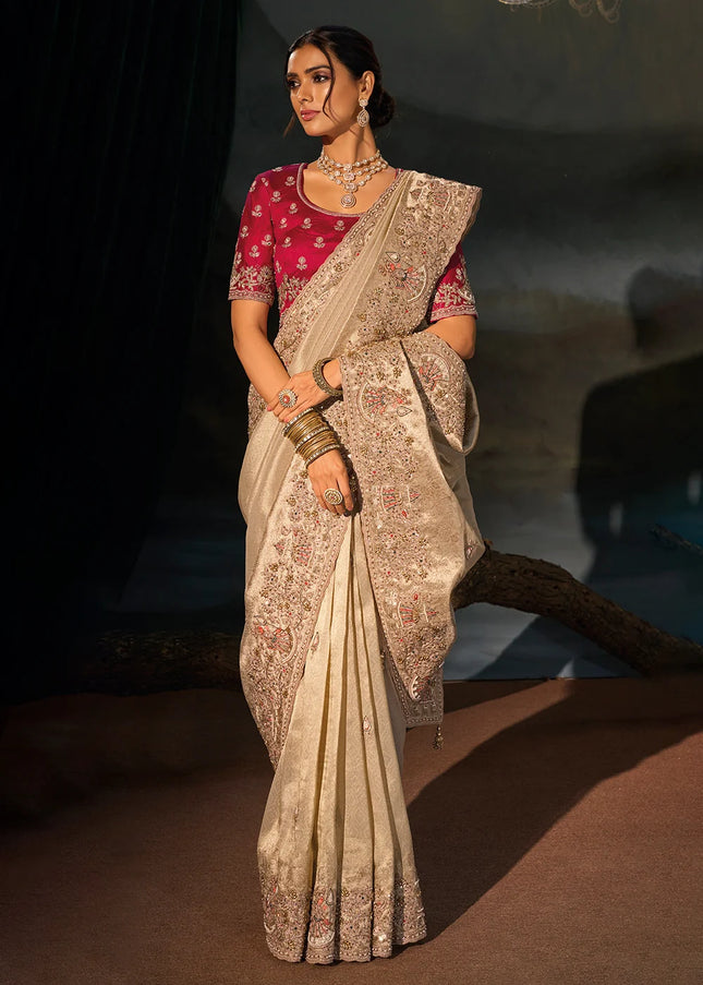 Beige and Red Embroidered Saree