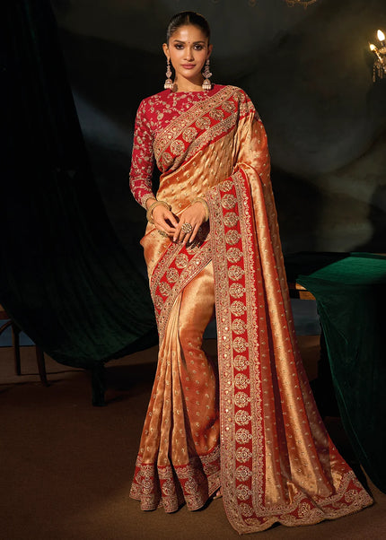 Orange and Pink Embroidered Saree