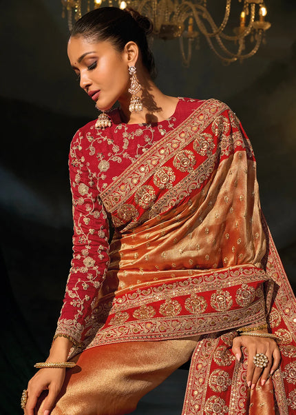 Orange and Pink Embroidered Saree