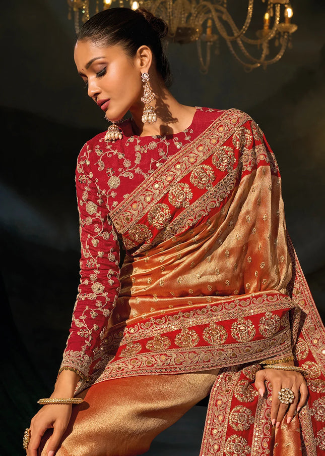 Orange and Pink Embroidered Saree