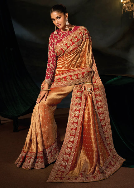 Orange and Pink Embroidered Saree