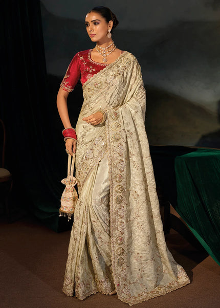 Offwhite and Red Embroidered Saree