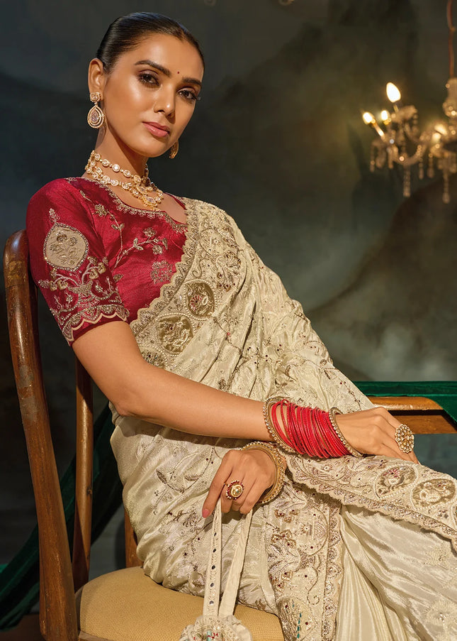 Offwhite and Red Embroidered Saree