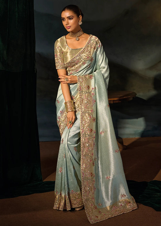 Sea Green Embroidered Saree