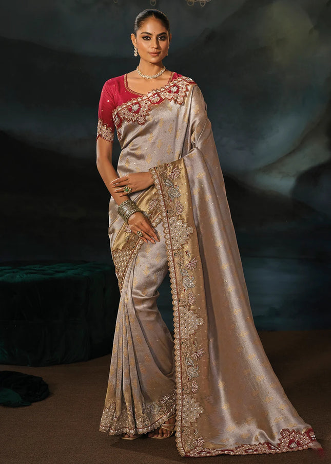 Grey and Red Embroidered Saree