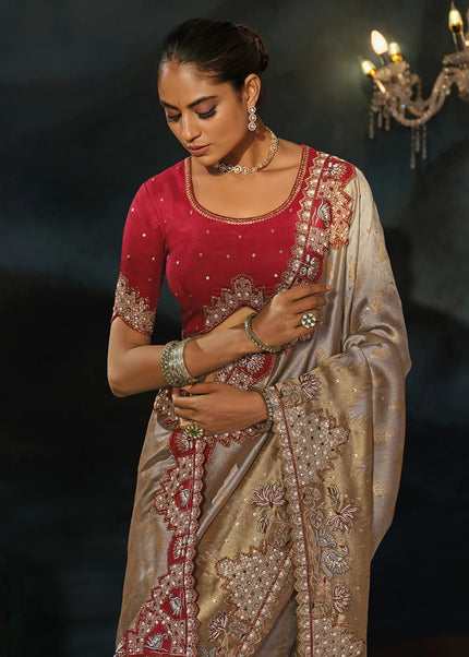 Grey and Red Embroidered Saree