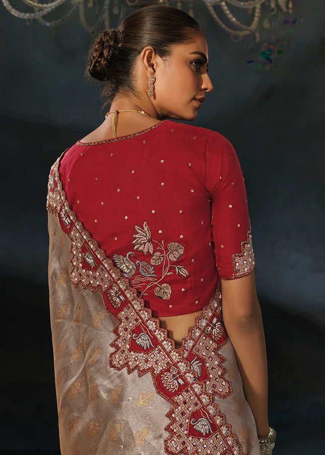 Grey and Red Embroidered Saree