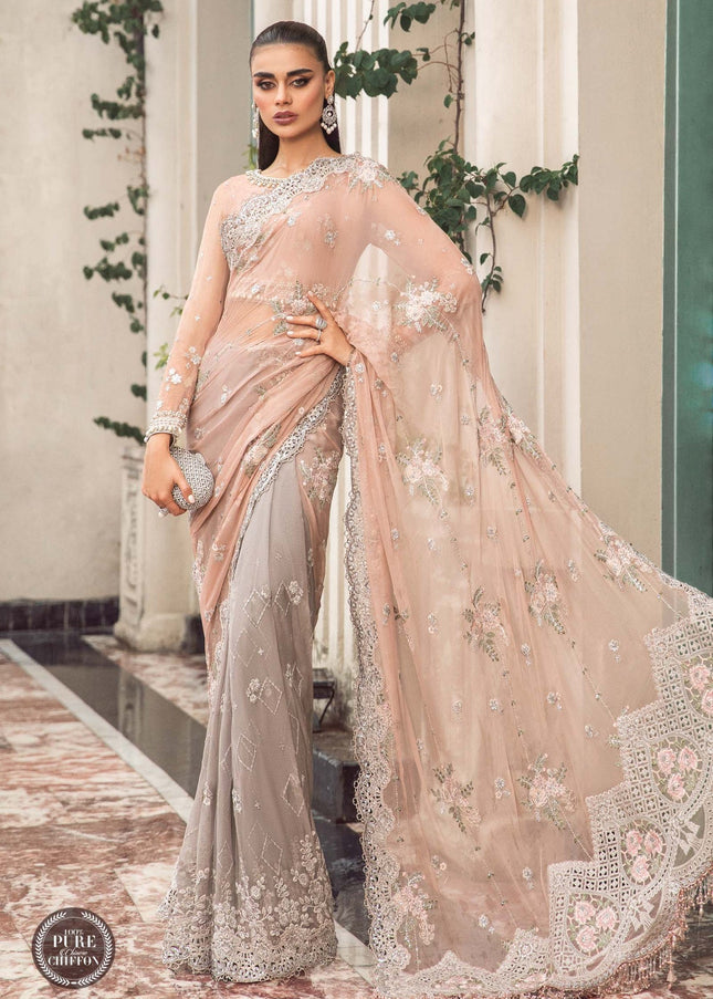 MARIA. B | Chiffon Mbroidered '23 - Peach And Grey
