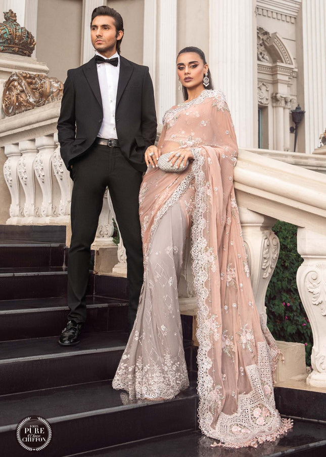 MARIA. B | Chiffon Mbroidered '23 - Peach And Grey