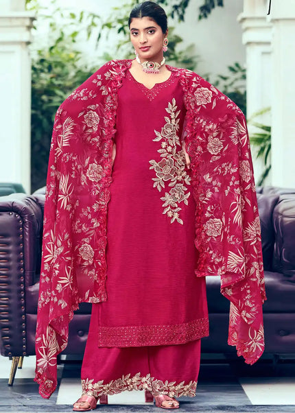 Red Embroidered Palazzo Suit