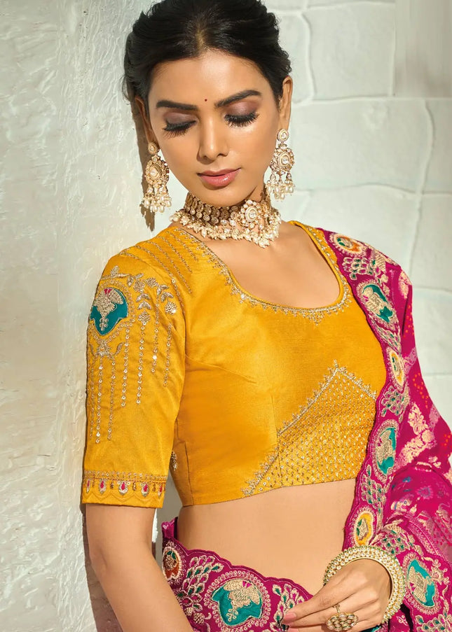 Yellow and Pink Embroidered Saree
