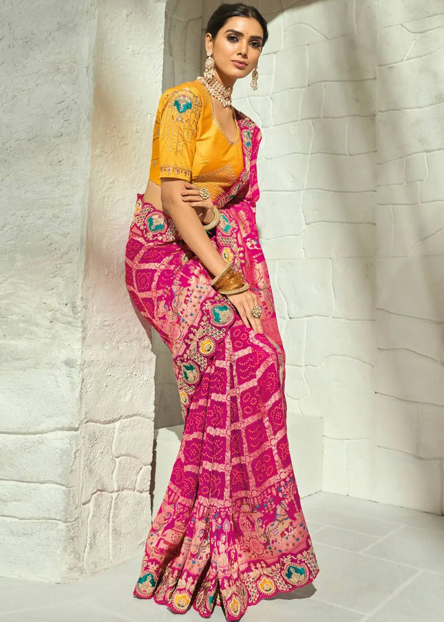 Yellow and Pink Embroidered Saree