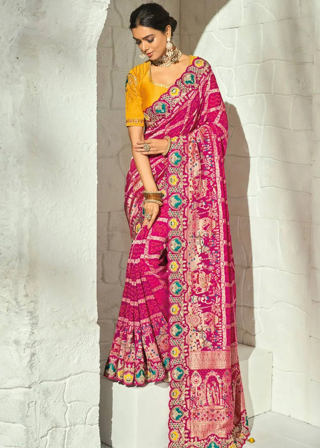 Yellow and Pink Embroidered Saree