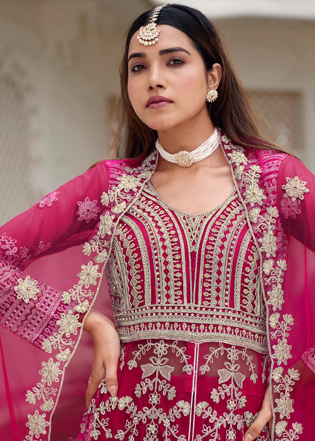 Pink Embroidered Pant Style Lehenga Anarkali