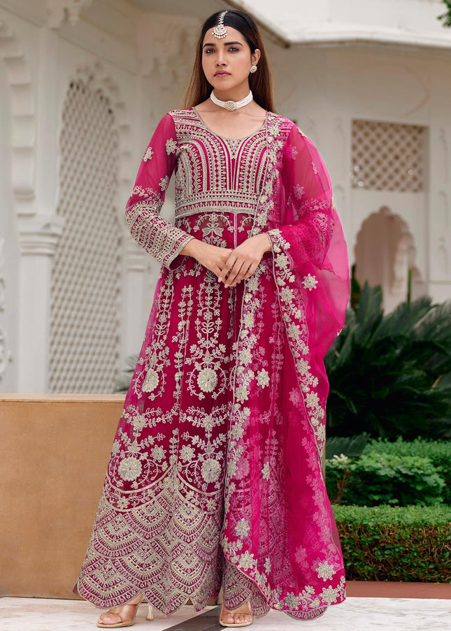Pink Embroidered Pant Style Lehenga Anarkali