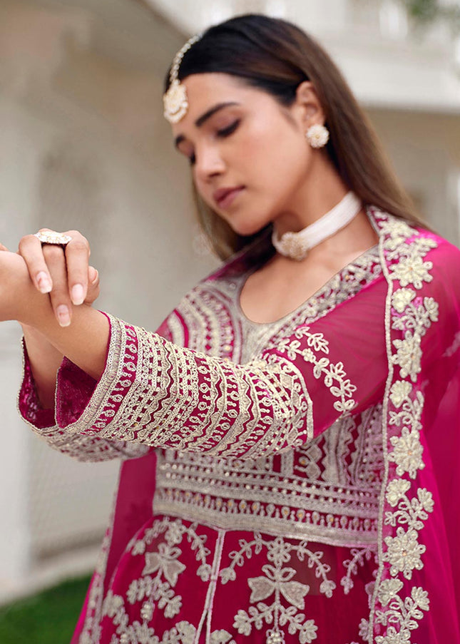 Pink Embroidered Pant Style Lehenga Anarkali