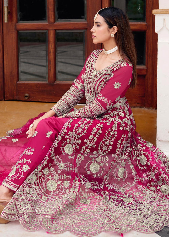 Pink Embroidered Pant Style Lehenga Anarkali
