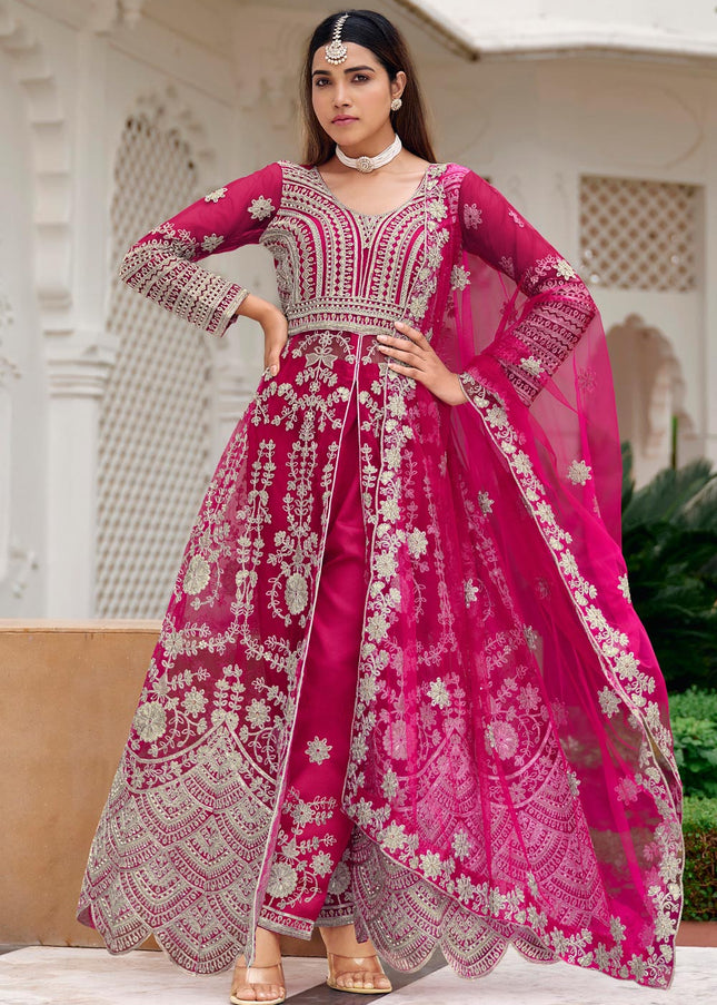 Pink Embroidered Pant Style Lehenga Anarkali