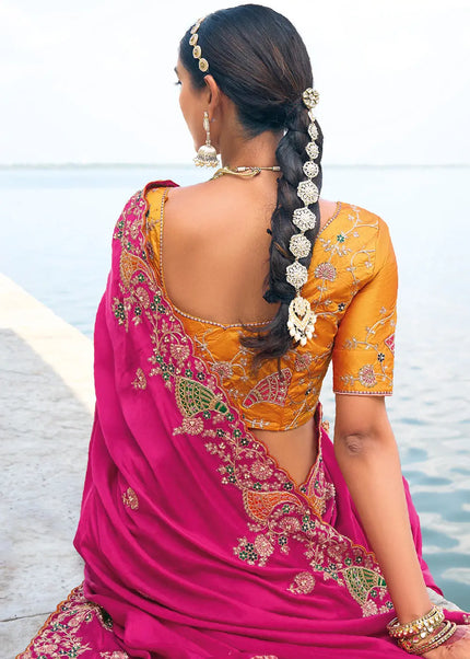 Pink and Yellow Embroidered Satin Silk Saree