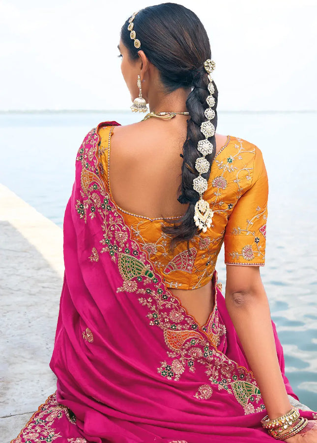 Pink and Yellow Embroidered Satin Silk Saree