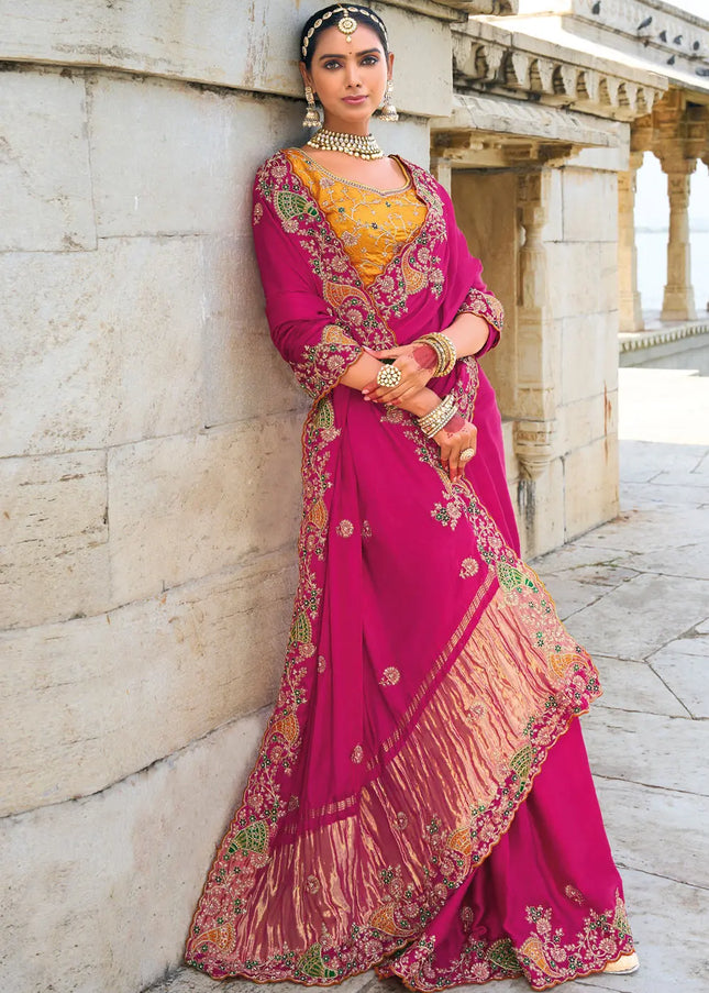 Pink and Yellow Embroidered Satin Silk Saree