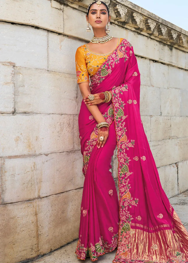 Pink and Yellow Embroidered Satin Silk Saree