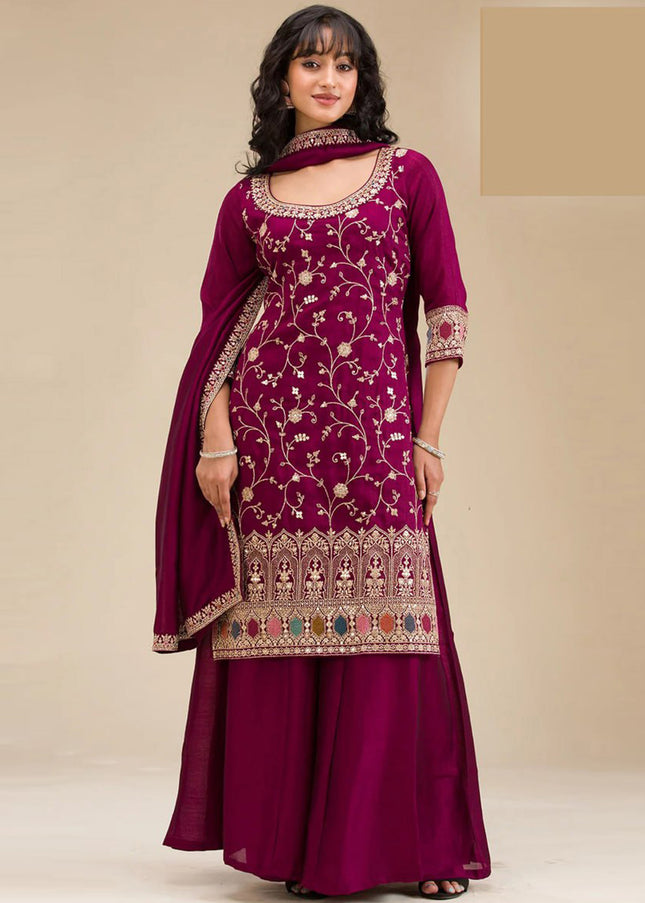 Maroon Embroidered Sharara Suit