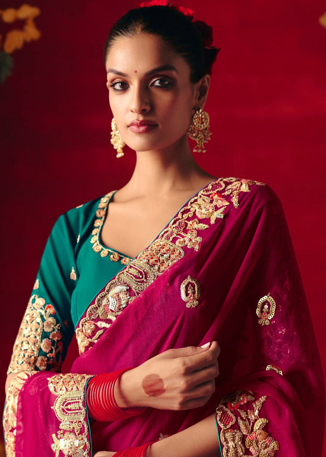 Magenta and Teal Embroidered Festive Saree
