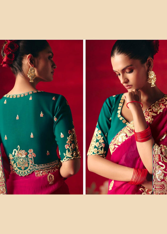 Magenta and Teal Embroidered Festive Saree