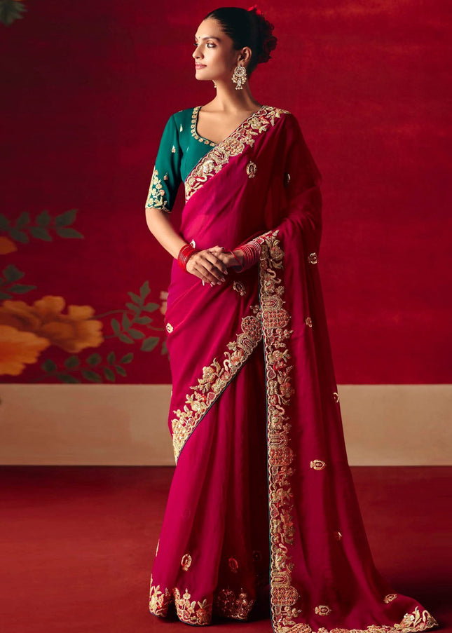 Magenta and Teal Embroidered Festive Saree