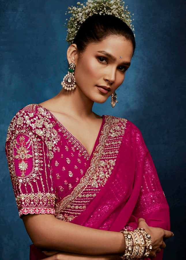 Pink Embroidered Festive Saree