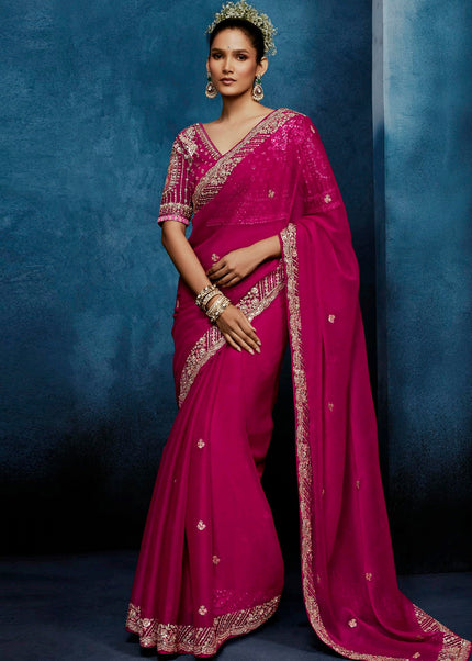 Pink Embroidered Festive Saree