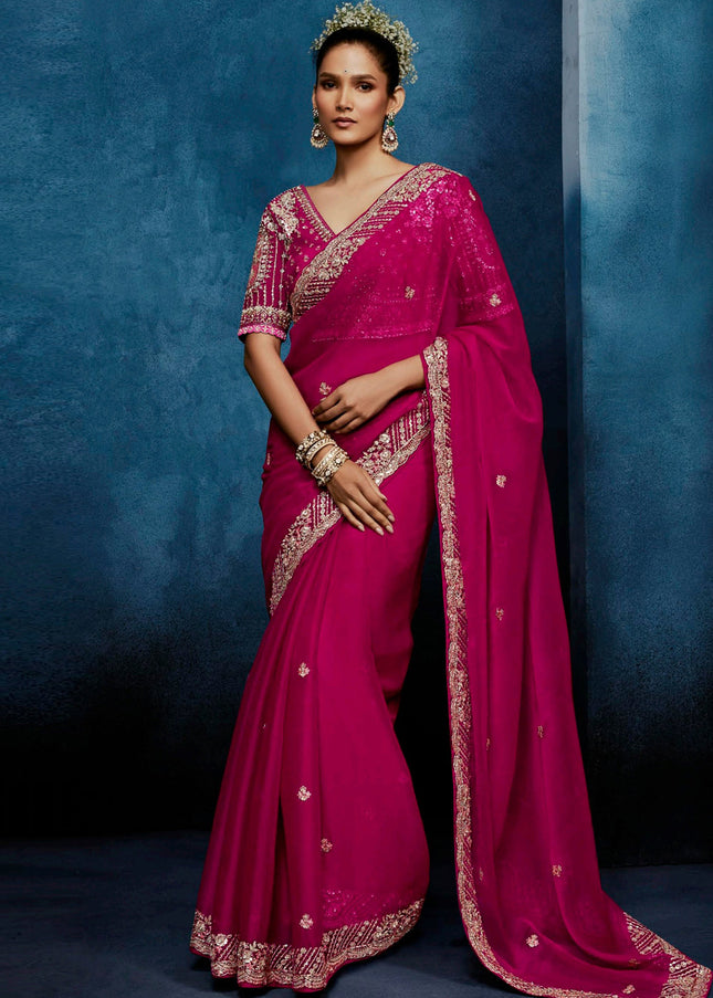 Pink Embroidered Festive Saree