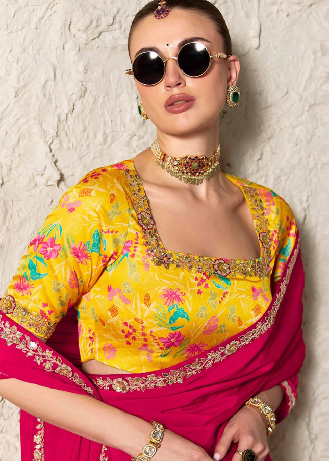 Pink and Yellow Printed and Embroidered Festive Saree