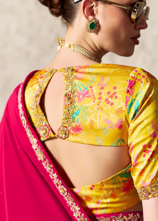 Pink and Yellow Printed and Embroidered Festive Saree