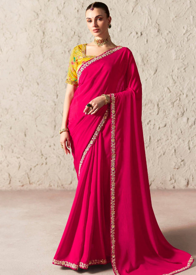 Pink and Yellow Printed and Embroidered Festive Saree