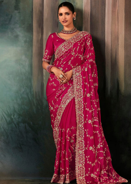 Pink Embroidered Festive Saree