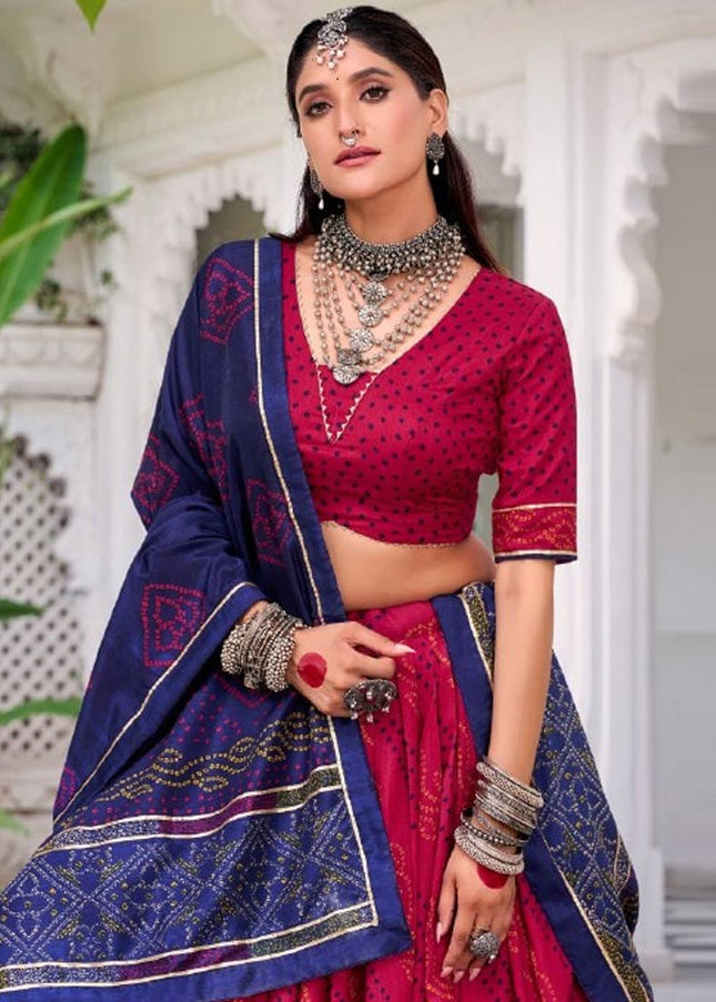 Pink and Blue Printed and Embroidered Lehenga Choli