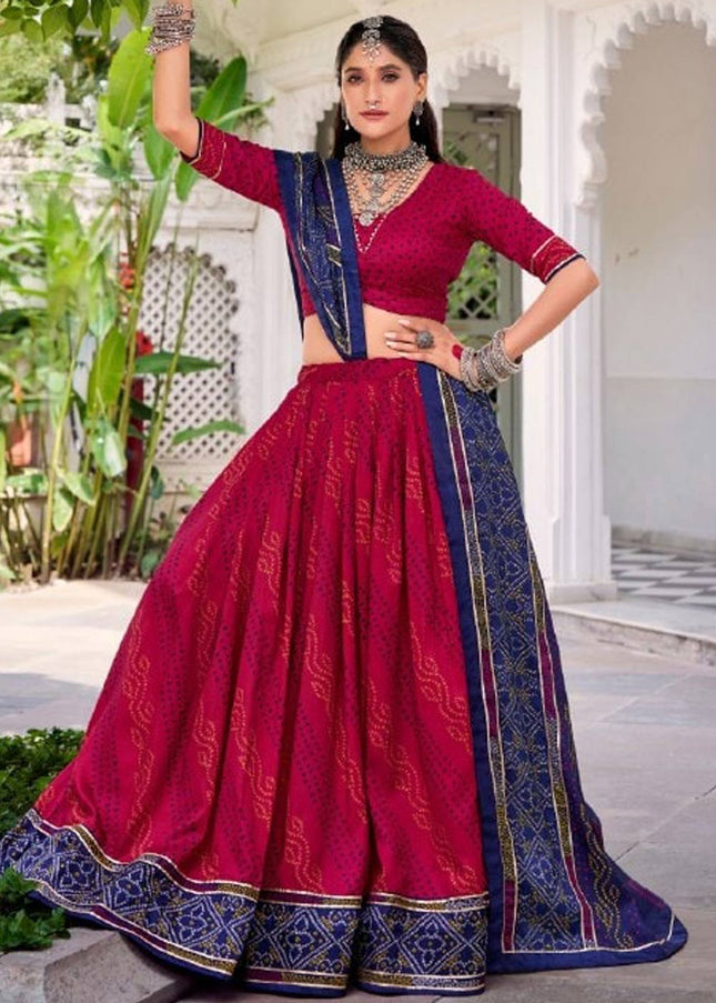 Pink and Blue Printed and Embroidered Lehenga Choli