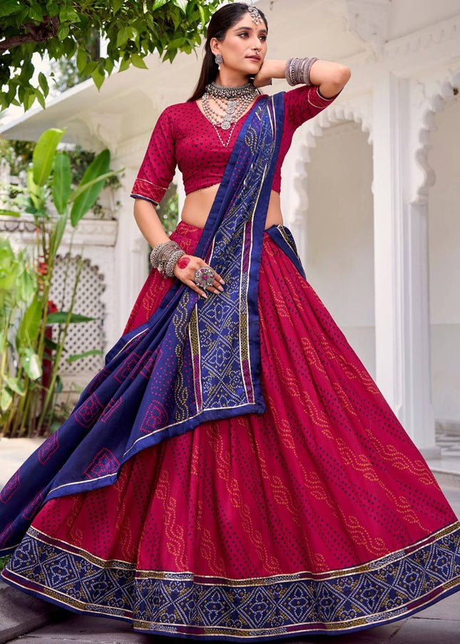 Pink and Blue Printed and Embroidered Lehenga Choli