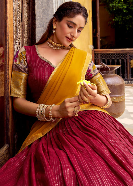 Maroon and Yellow Printed and Embroidered Lehenga Choli