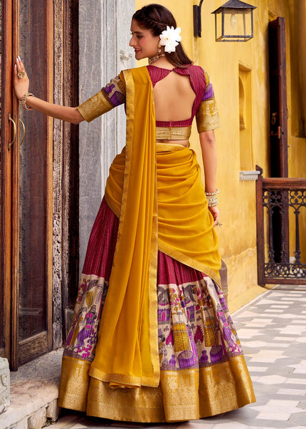 Maroon and Yellow Printed and Embroidered Lehenga Choli