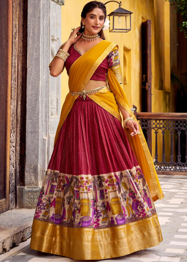 Maroon and Yellow Printed and Embroidered Lehenga Choli